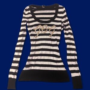 Guess Black and White Striped Top with Gold Accents